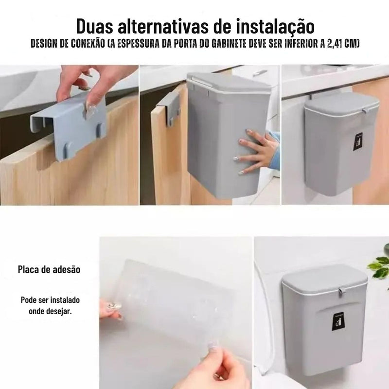 Lixeira de Cozinha com Tampa | Montada na Parede ou Suspensa em Armário – Ideal para Banheiro, Bancada e Portas de Armário | Cesto de lixo |