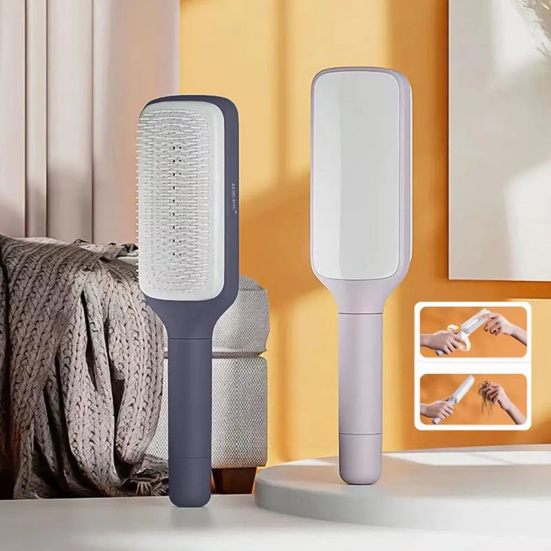 Escova Massageadora com Limpeza Automática e Cabo Longo | Pente Antiestático Retrátil para Couro Cabeludo – Uso Diário ou Viagem