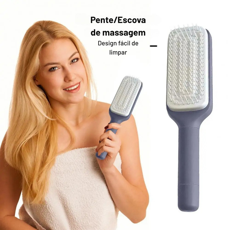 Escova Massageadora com Limpeza Automática e Cabo Longo | Pente Antiestático Retrátil para Couro Cabeludo – Uso Diário ou Viagem